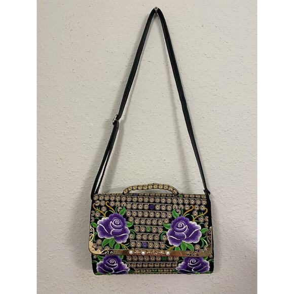 Elegant Black and Purple Floral Shoulder Bag - Picture 3 of 9